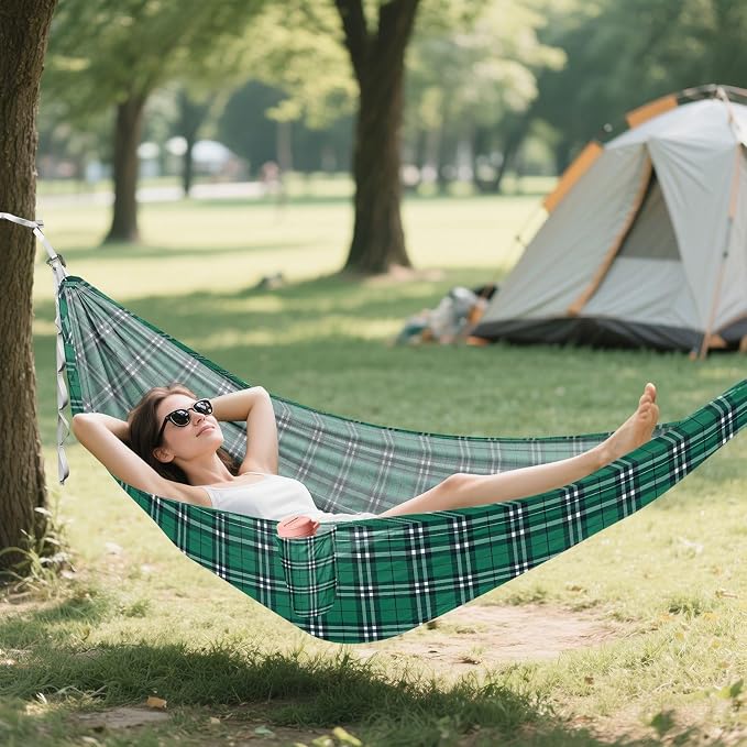 Camping Hammock Outdoor Hammocks for Outside Check Plaid Green 1 Beach Trees Portable Lightweight with Pockets Tree Straps Indoor