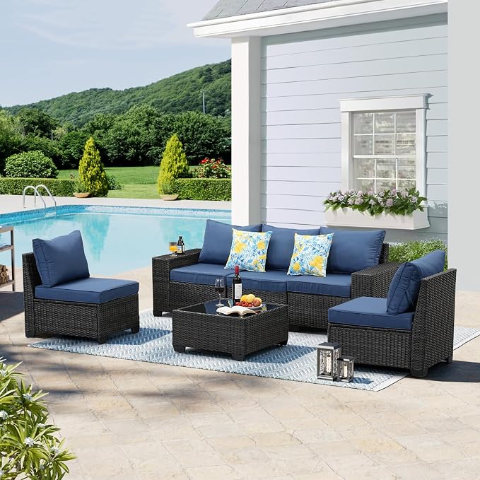 6-Piece Outdoor Patio Furniture Set, Modular Wicker Sectional Sofa with Thick Cushions & Coffee Table, All-Weather Rattan Conversation Set for Backyard, Porch, Poolside, Navy