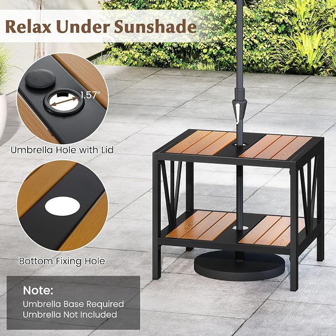 HAPPYGRILL Outdoor Side Table with Umbrella Hole 1.57”, 2-Tier Coffee Bistro End Table Umbrella Stand with Storage Shelf, for Backyard Poolside Garden (2)