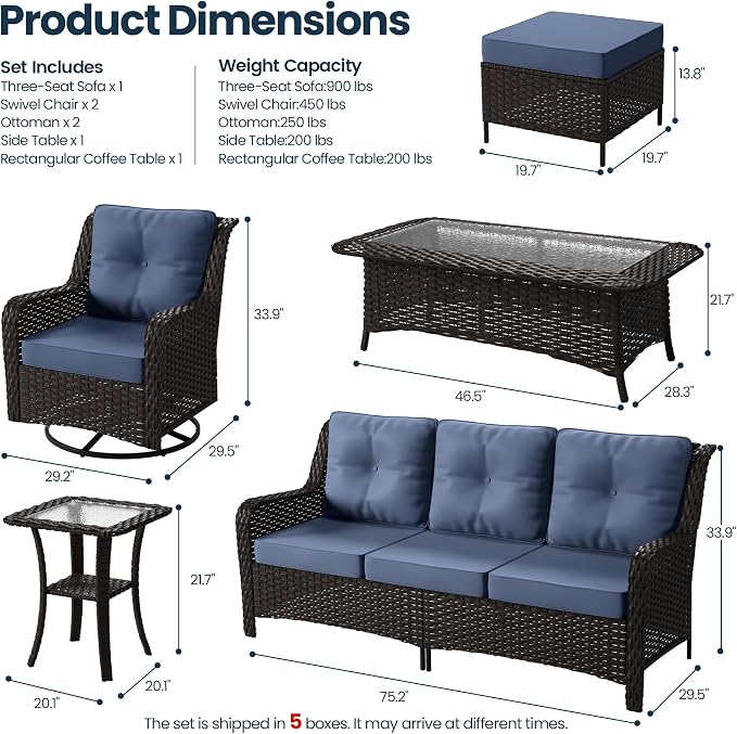 Kullavik 7 Pieces Patio Furniture Set,All-Weather Wicker High Back Outdoor Swivel Rocker Patio Chairs with Coffee Table & Thick Cushions,Paito Conversation Set for Porch,Deck,NavyBlue