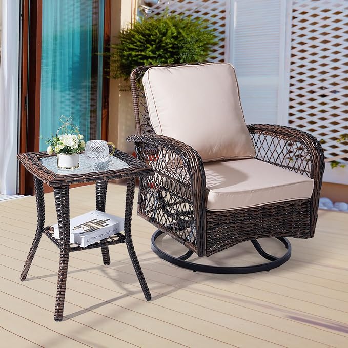 Outvita Rattan Outdoor Side Table with Glass Top & Storage Shelf | Small patio end coffee table, versatile furniture for porch, backyard, balcony and indoor living room