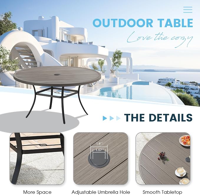 Patio Dining Table for 6-8, Round Metal Outdoor Table with 1.57" Umbrella Hole, 50" Outdoor Slat Tabletop Dining Table for Backyard, Porch, Lawn, Grey