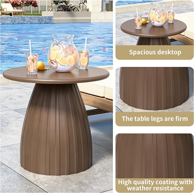 Round Metal Outdoor Patio Side Table, Steel Outdoor Accent Table, Small Patio End Table, for Garden, Pool, Yard, Balcony, Living Room, Deck, Weather Resistant, No Assembly, Brown