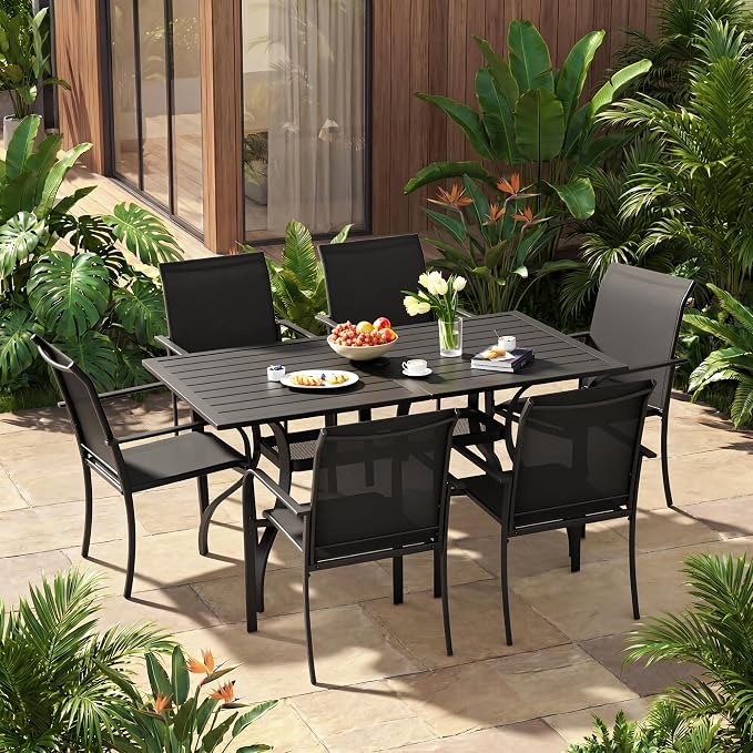 Crownland 7 Piece Patio Dining Set, Outdoor Textilene Dining Sets, 6 Textilene Metal Chairs and Rectangular Outdoor Dining Table with 1.57" Umbrella Hole,Black