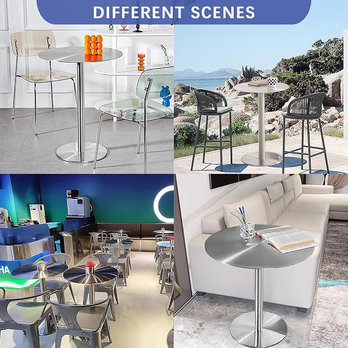 Stainless Steel Bar Table Leisure Table Round Kitchen Dining Table StylishSofa Side Tables for Garden Outdoor Patio Bistro Cafe Reception Area, High Table Desk with Metal Base ( Size : 50x50x95cm )