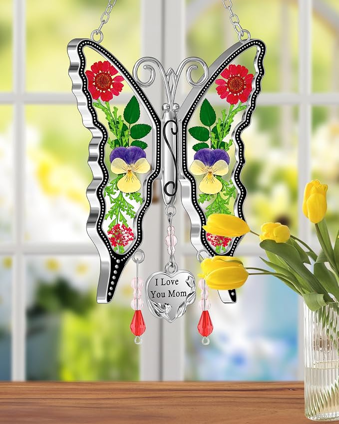 KY&BOSAM Butterfly Pressed Flowers Suncatcher Stained Glass Window Hanging | I Love You Mom Charm Sun Catchers Wind Chimes Ornament,Metal & Dried Flowers,Mothers Day Gifts for Mom Birthday Christmas