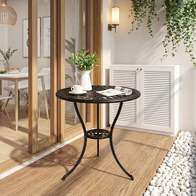 GAOMON 23" Cast Aluminum Patio Bistro Table with Umbrella Hole, Outdoor Round Coffee Bistro Side Table, Anti-Rust Outdoor Furniture for Backyard, Garden, Porch, Pool, Balcony, Bronze