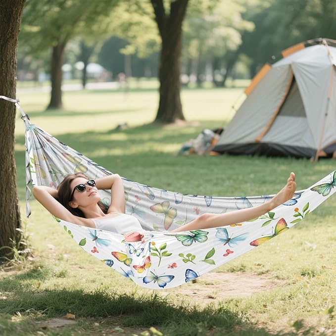 Camping Hammock Outdoor Hammocks for Outside Green Leaf Butterfly Beach Trees Portable Lightweight with Pockets Tree Straps Indoor