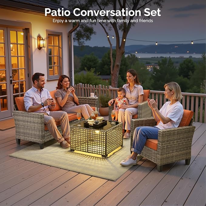 4 Piece Wicker Patio Furniture Set with Solar Table, Orange | Outdoor Deep Seating Sofa Chair, Solar Lights Table, All Weather Rattan, Modern Conversation Set, Porch Deck Backyard