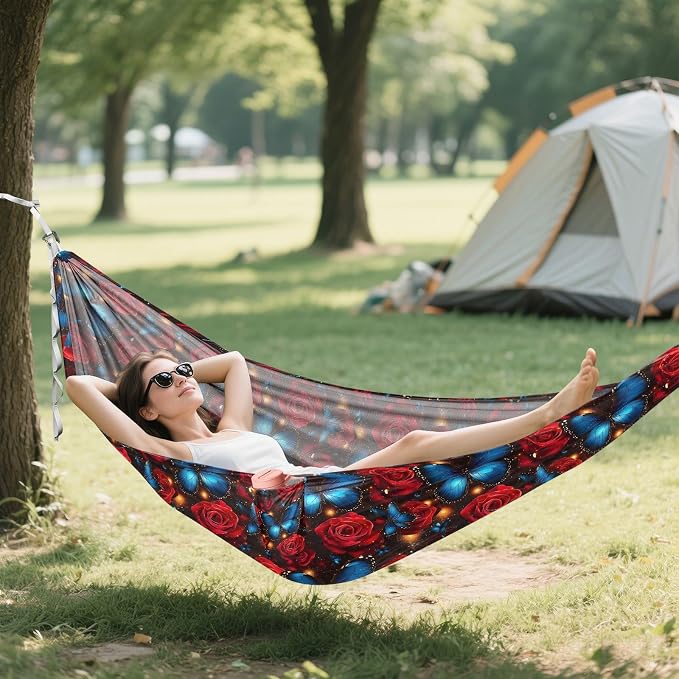 Camping Hammock Outdoor Hammocks for Outside Blue Butterfly Red Rose Beach Trees Portable Lightweight with Pockets Tree Straps Indoor