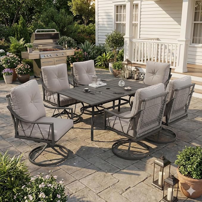 EROMMY 7-Piece Outdoor Patio Dining Set, 6 Wicker Swivel Rocking Chairs with 4" Cushions, Rectangular Table with Adjustable Umbrella Hole for Backyard, Deck, Black