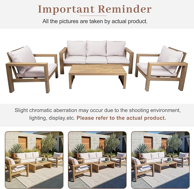 4 Pieces Patio Sofa Set Outdoor Seating Group 5-Person Sofa Set Outdoor Conversation Set with Cushions and a Coffee Table for Garden, Backyard,Balcony,Poolside (Light Teak#50)