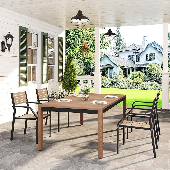 Outdoor Dining Table, Weatherproof 63" Rectangle HIPS Patio Dining Table for 6, with 2" Umbrella Hole, Outdoor Table for Backyard Deck Poolside, Teak
