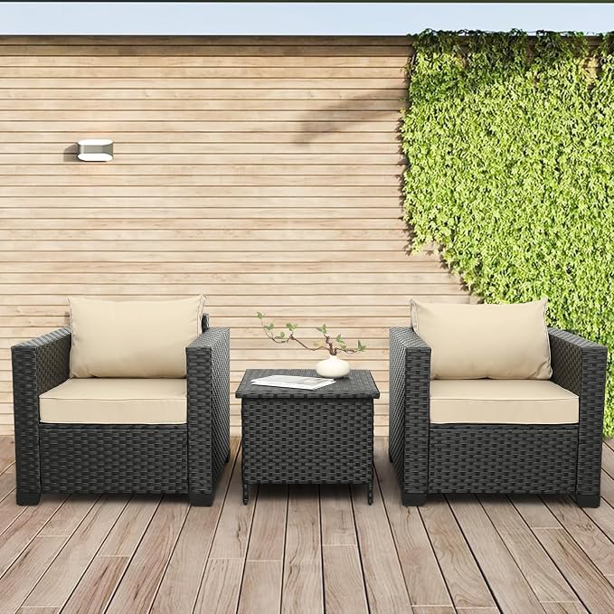 WAROOM Patio Side Table with Storage Resin Rattan Outdoor End Table Wicker Storage Table for Garden Backyard Porch Poolside, Black