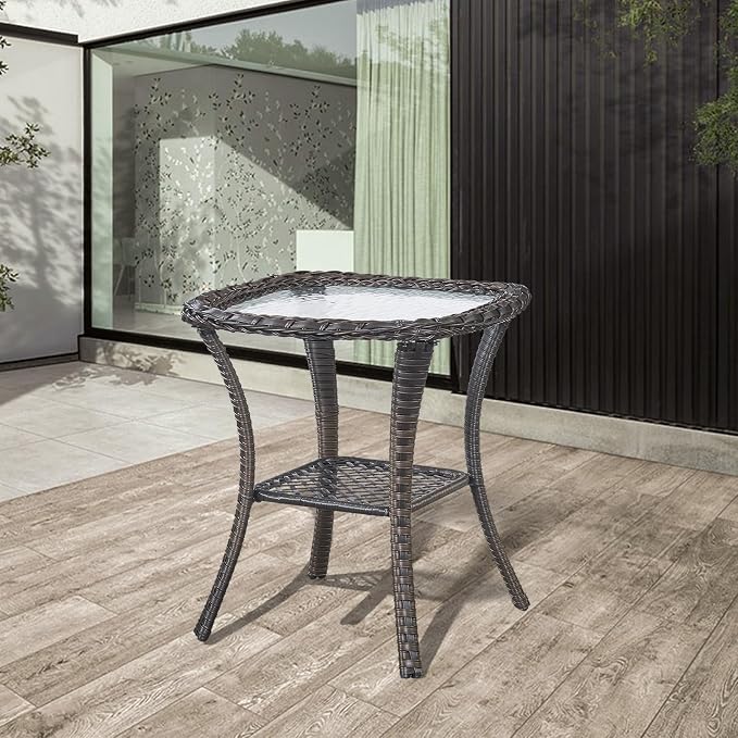 Outdoor Side Table Patio Tables - Wicker Coffee Table with Glass Top and 2-Shelf Storage Rattan End Table Square for Outdoor Patio Porch Deck Balcony Garden(Brown/Glass Top)