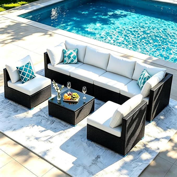 7 Pieces Outdoor Patio Furniture Sets, Patio Sectional Sofa Couch, PE Rattan Outdoor Wicker Sectional Furniture Sofa Set, Glass Coffee Table, for Balcony, Porch, Garden, Beige