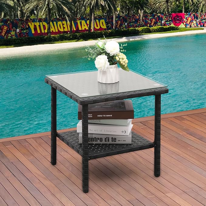 Valita Outdoor Wicker Glass Top Side Table Patio Rattan Square End Table, Black