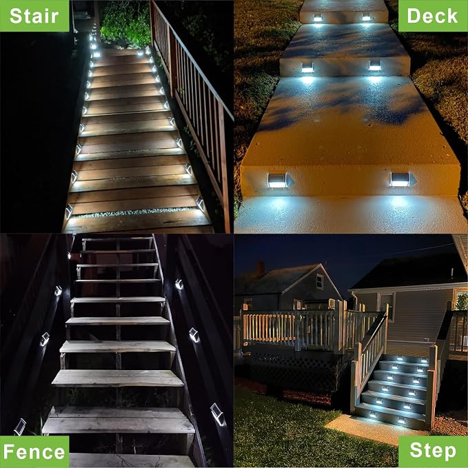 XLUX Solar Powered Lights for Deck Steps Stairs Fences Pathway Path, LED lamp, Outdoor Waterproof, White Light 2 Pack | white non-glare LED lamp, sturdy stainless steel casing, for deck, step, fence, pathway, Rainproof, Automatic ON/OFF