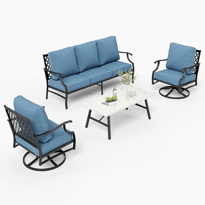 MIXPATIO Patio Furniture Set 4 pcs, Metal Outdoor Patio Furniture, 3-Seat Sofa, 2 Swivel Chairs, Coffee Table and 5.75" Extra Thick Cushion, Conversation Set for Backyard Deck, Navy Blue