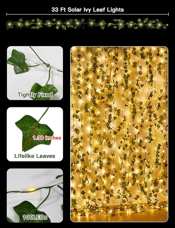 Solar Ivy String Lights, 33Ft 100 LED Vines with Lights Warm White