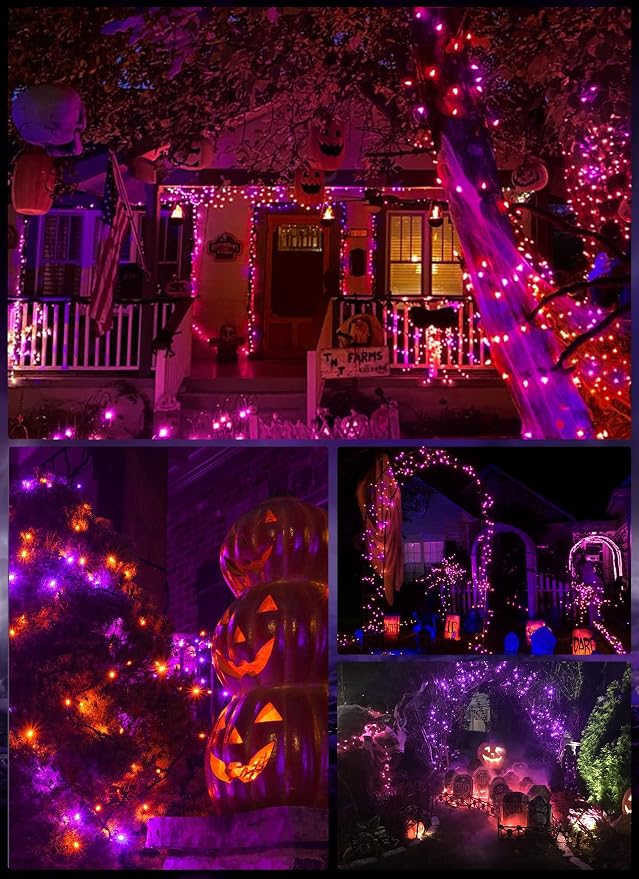 Orange Purple Outdoor Halloween Lights, 39Feet 100LED Christmas Mini Lights | 8 Lighting Modes, Connectable, Waterproof, String Fairy Lights Plug In for Garden Patio Party Wedding Xmas Tree Decoration