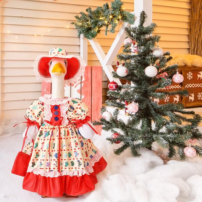Suzile Christmas Porch Goose Outfit Holiday Geese Costume for 23" High Cement or Plastic Goose Clothes for Yard Lawn Outdoor Garden Patio Duck Statue Christmas Sock Dresses Winter Santa Party Decor