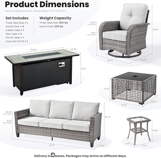 ovios 9 Pieces Patio Furniture Set, Outdoor Wicker Sofa Couch with Swivel Glider Chairs Fire Pit Table, Modern Deep Seat Rattan Conversation Sets for Deck Porch, Grey