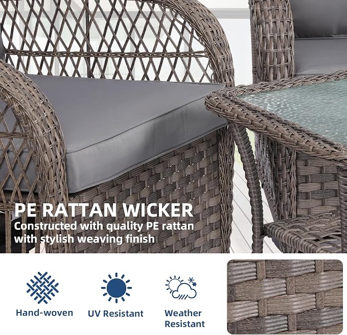 3-Piece Patio Wicker Conversation Bistro Set, Rattan Gliding Rocking Swivel Chairs with Cushion and Glass Top Side Table Outdoor Furniture Sets for Garden Backyard, Grey