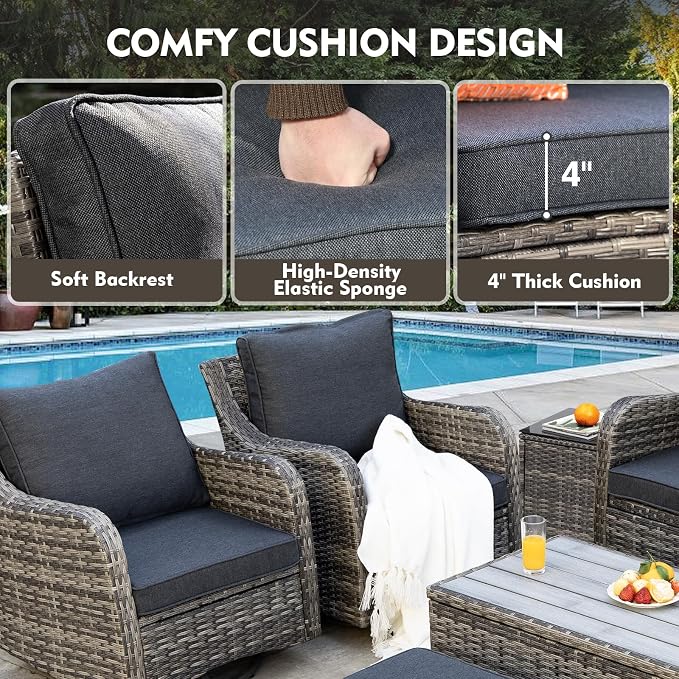 MEISSALIVVE Outdoor Patio Furniture Set with Swivel Chair, 6 Pieces Patio Conversation Set, Patio Sectional Furniture Set with 4 Swivel Rocker Patio Chair and 2 Side Table (Grey)