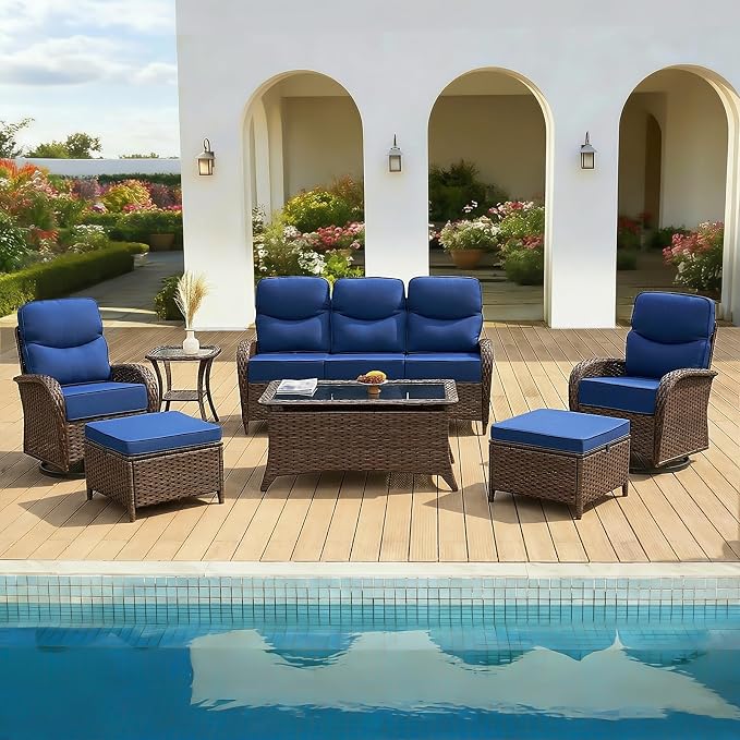 Patio Furniture Set with Luxury 6" Cushions, 7 Pieces High Back Swivel Rocking Patio Chairs, Couch and Ottoman, Outdoor Wicker Conversation Set for Deck, Porch, Backyard, Poolside, Blue