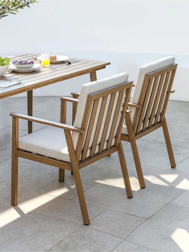 Outdoor Patio Dining Chair Set of 2, Never-Rust Outdoor Aluminum Patio Chairs with Thickened Cushions, Patio Dining Furniture Chairs Set for Garden, Backyard, Porch, Lawn, Teak