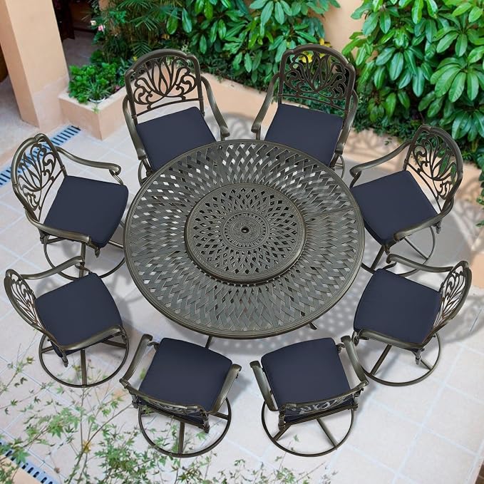 VIVIJASON 9-Piece Patio Dining Set, Rust-Free Cast Aluminum Outdoor Conversation Set, Includes 8 Swivel Dining Chairs & 61" Round Dining Table with 31" Lazy Susan, Umbrella Hole, Navy Blue