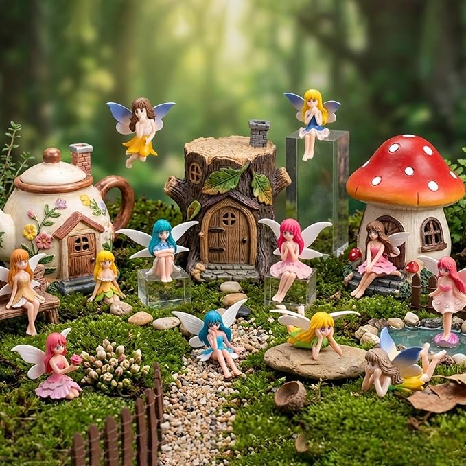 12 Pcs Miniature Fairy Figurines, Fairy Garden Fairies | Hand-Painted Small Flower Fairies with Wings for Garden Decor Miniature Garden Ornaments Landscape Decorations Cake Topper