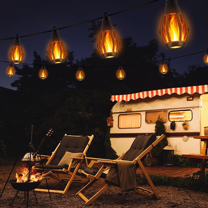 iBaycon Solar Flame String Lights, 42FT 15 LED Bulbs Waterproof, Warm White | Ultra-Real Flickering Flame Lamp Outdoor Waterproof, Solar Patio String Lights for Garden Yard Lawn Decorations