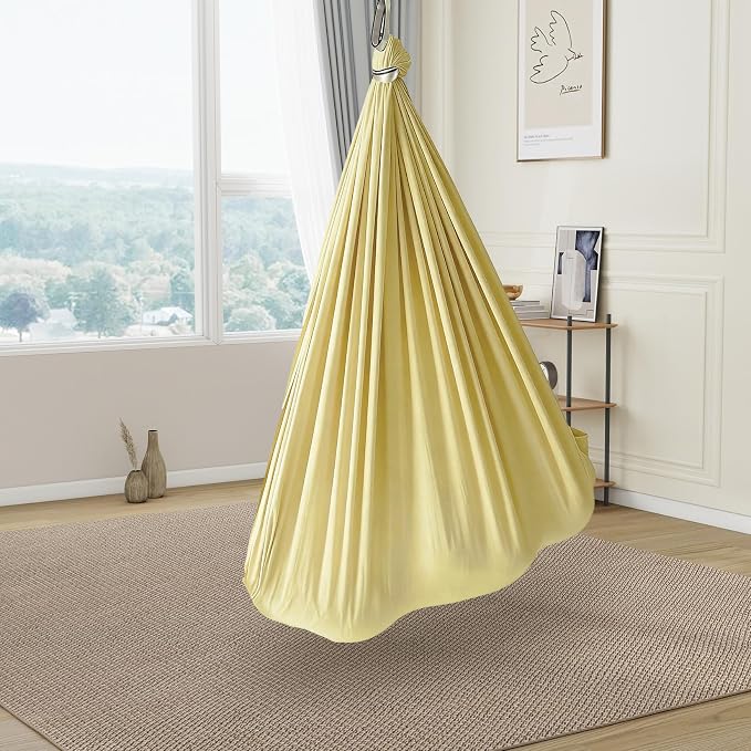 PrecisionAuto Dual-Layer Cotton Sensory Hammock Swing for Kids & Adults – Calming Compression Therapy, 360° Swivel, Heavy Duty, Indoor Outdoor, Supports 300 lbs, Autism Yoga, Light Yellow