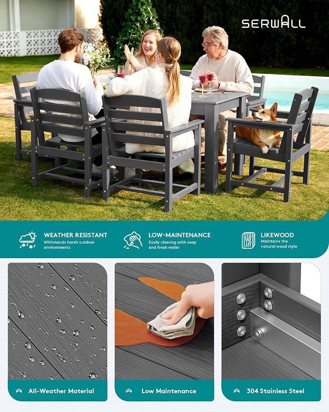 SERWALL 7 Piece Outdoor Dining Sets with 1 Umbrella Hole Cut-Out Rectangular Table and 6 Textilene Chairs, HDPE Dining Sets for 6 Person, Black