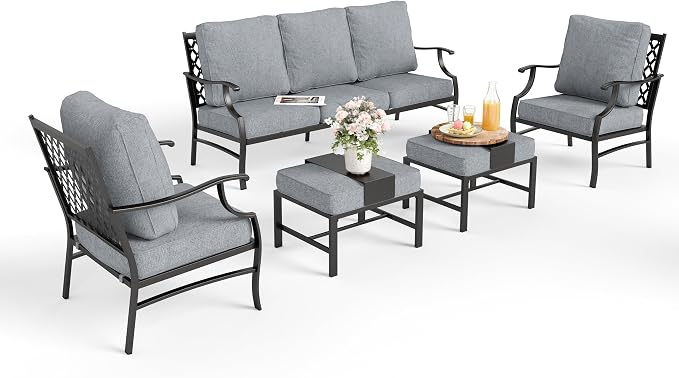 MIXPATIO Patio Furniture Set 5 pcs, Outdoor Patio Furniture, 3-Seat Sofa, 2 Single Chairs, 2 Ottomans and 5.75" Extra Thick Cushion, Patio Conversation Set for Garden Backyard Deck,Grey