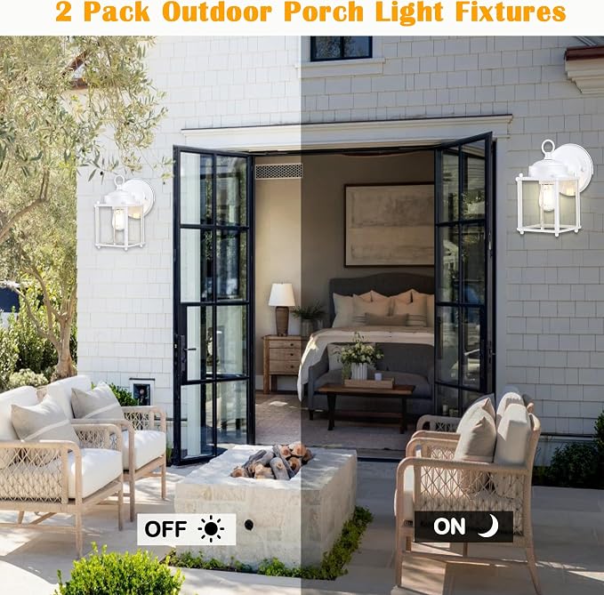Outdoor Wall Light, Porch Lamp, Rustproof Waterproof, White | Exterior Wall Sconce Fixture for House, Garage, Patio, Metal Housing with Glass, E26 Base, 2 Pack