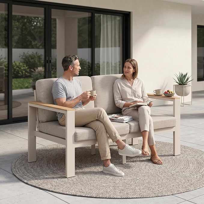 Aluminum Outdoor Patio Furniture Loveseat, All-Weather 2-Seat Patio Sofa with Rust-Resistant Frame and Water-Resistant Easy-Clean Cushions for Porch, Deck, Backyard, Beige