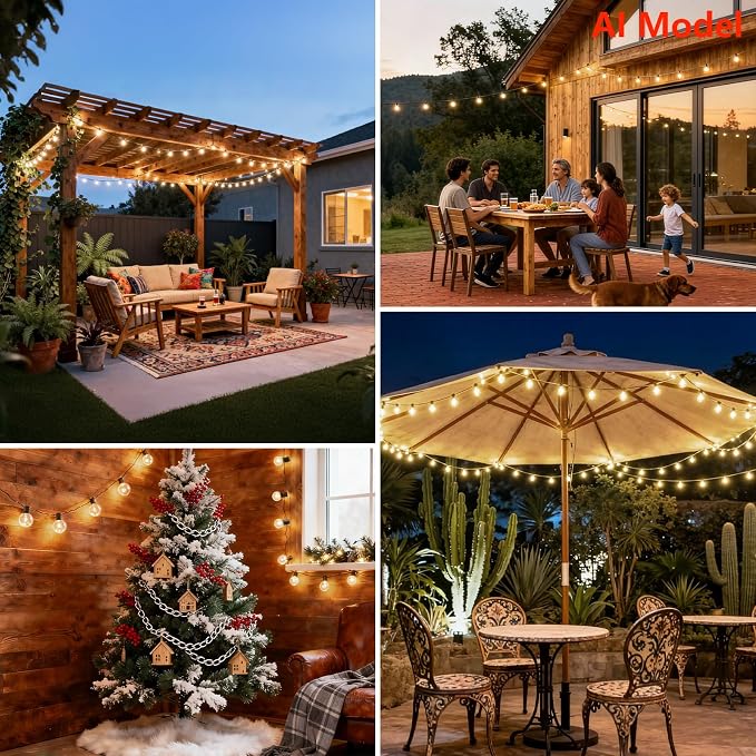 50 FT 2700K Outdoor String Lights,26 Plastic Edison Bulbs, E12 Base | G40 globe shatterproof bulbs, IP65 waterproof, dimmable LED, for backyard porch balcony party decor