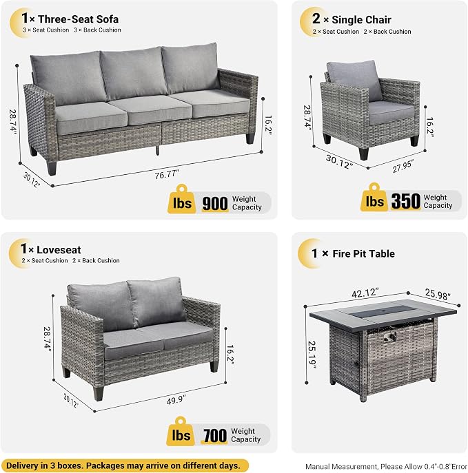 ovios 5 Pieces Patio Furniture Set, Outdoor Wicker Rattan Sofa Couch with 42" Fire Pit Table, Loveseat Chairs, Conversation Sets for Yard Porch Garden, Dark Grey