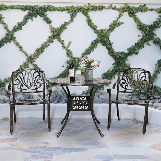 VIVIJASON 3-Piece Outdoor Patio Bistro Set, All-Weather Cast Aluminum Furniture Dining Sets Include 2 Chairs and 35.4" Round Table w/Umbrella Hole for Balcony, Lawn, Garden, Backyard