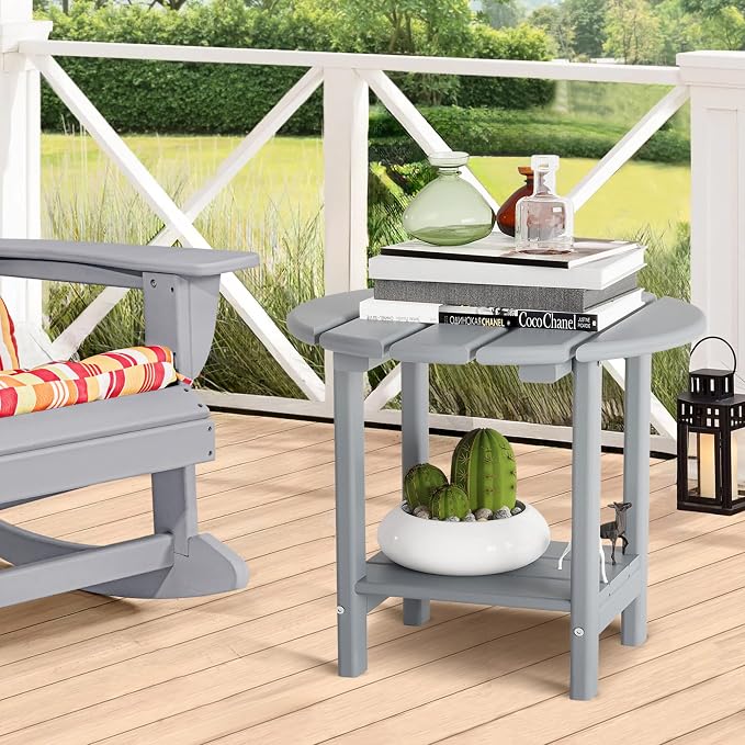 Sundale Outdoor 18" Round Side Table, Patio Adirondack Small End Table All Weather HDPE Water Resistant 2 Tier Round Outside Table for Pool, Garden, Beach, Grey
