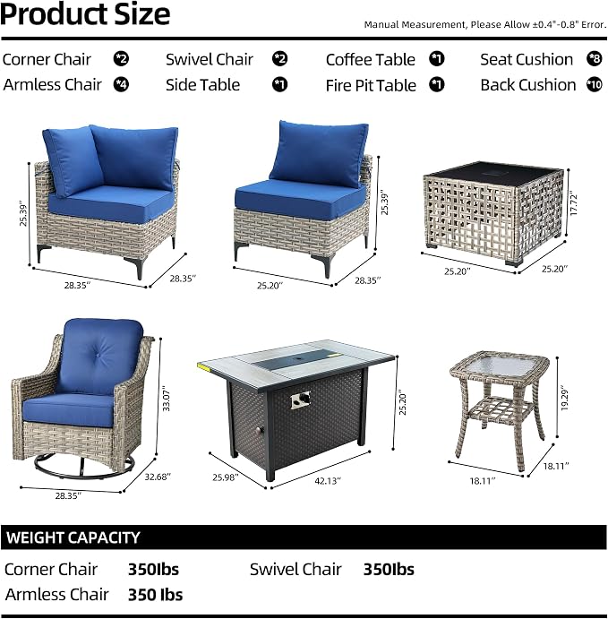 CAODOC 11 Pieces Outdoor Patio Furniture Set, Rattan Wicker Sectional Swivel Rocker Chairs Sets with Fire Pit, Swivel Glider Chairs, and Solar Powered Table