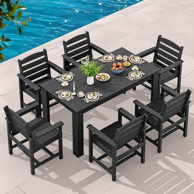 SERWALL 59" HDPE Outdoor Dining Set for 6, w/ 1 Table & 6 Armchairs, Black | All Weather Resistant HDPE Dining Sets for Patio, Garden, Backyard