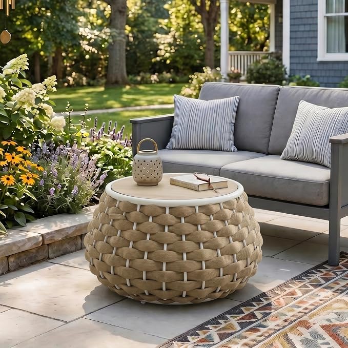 28 inch Outdoor Side Table, Large Patio End Table with Removable Lid Round Accent Side Tables with Metal Frame and Hollow Out Bottom for Patio, Balcony Porch, Poolside, Garden, Yard (Brown)