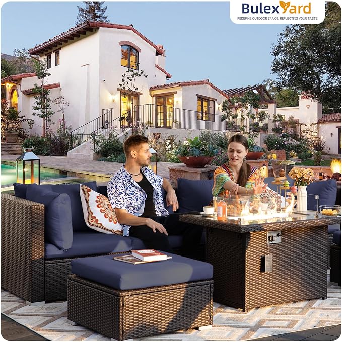 BULEXYARD 15 Piece Highback Wicker Patio Furniture Sets with Firepit, All-Weather Heavy Duty Outdoor Conversation Set Modular, Extra Deep Wide 14-Seats Sectional Couch Sofa for Backyard, Brown & Blue