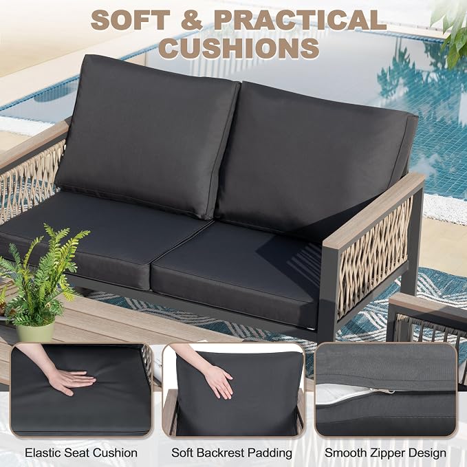 NUU GARDEN 4 Pieces Outdoor Patio Furniture Set, 4 Seats Sectional with Coffee Table, All Weather Wicker Patio Conversation Sets with Armrests and Cushions,Patio Set for Backyard, Garden and Poolside