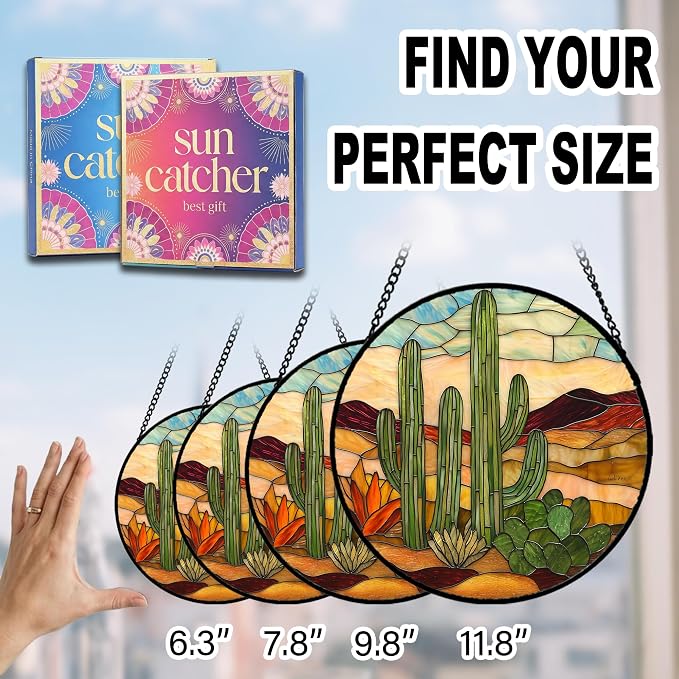 Birthday Gifts for Women - Desert Cactus Faux Stained Glass Window Hanging Sun Catcher for Door Garden Acrylic Home Decor Mother's Day Christmas for Mom Nana Friend Grandma Wife 7.8"
