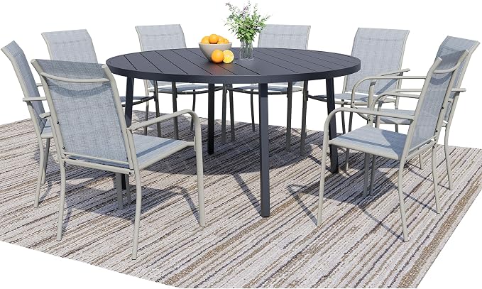 9 Pieces Patio Dining Set for 8, Beige Blue Patio Stackable Chairs and Black Round Table Set of 8, Outdoor Furniture Set with Sling Support for Outside, Garden